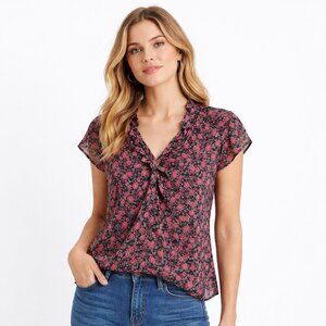 Express Design Studio Silk Top Women M Black Floral Button Front